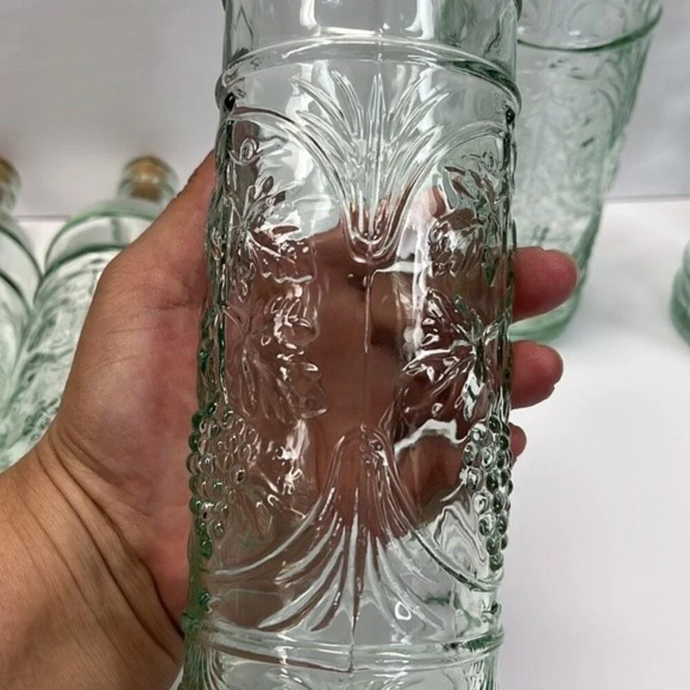 William Sonoma made in Spain Embossed Clear Green Glass Bottles set of 3